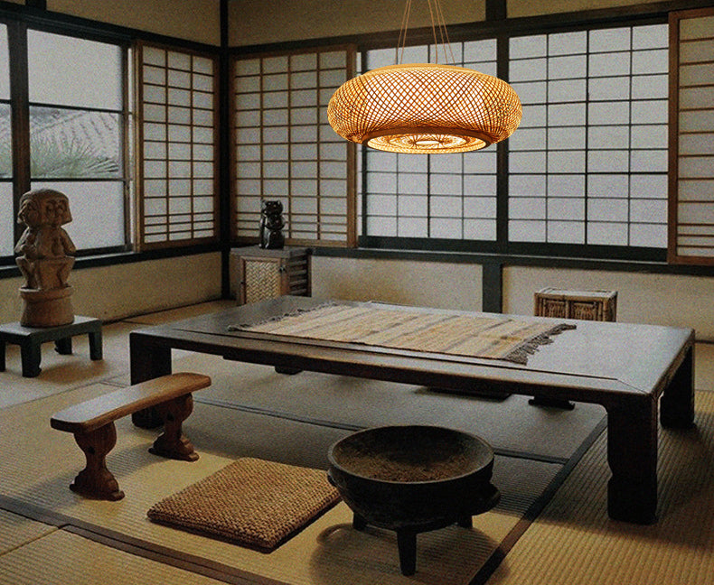 Bambuswebe runde hängende Lampe Chinesische Holzhängeberslicht für Schlafzimmer