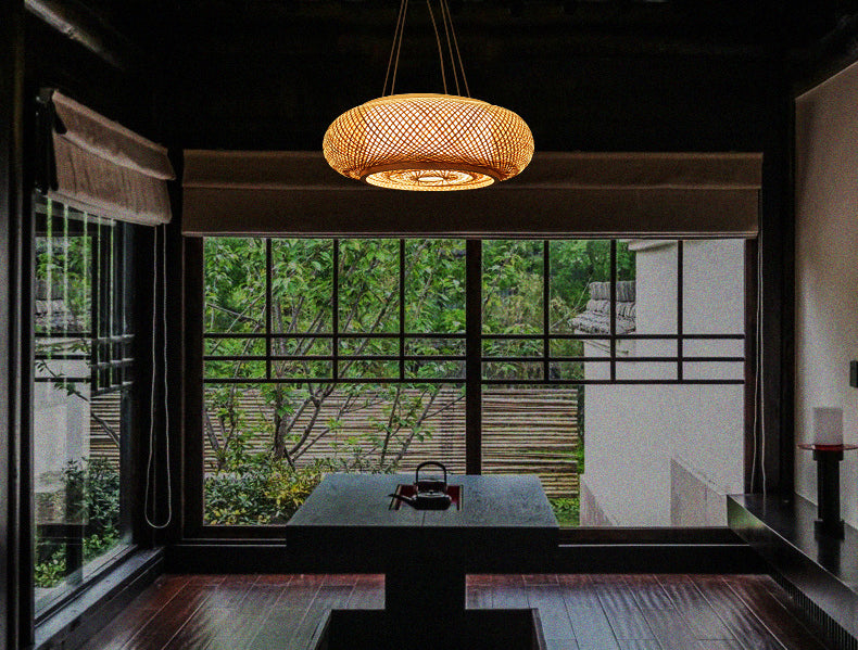 Bambuswebe runde hängende Lampe Chinesische Holzhängeberslicht für Schlafzimmer