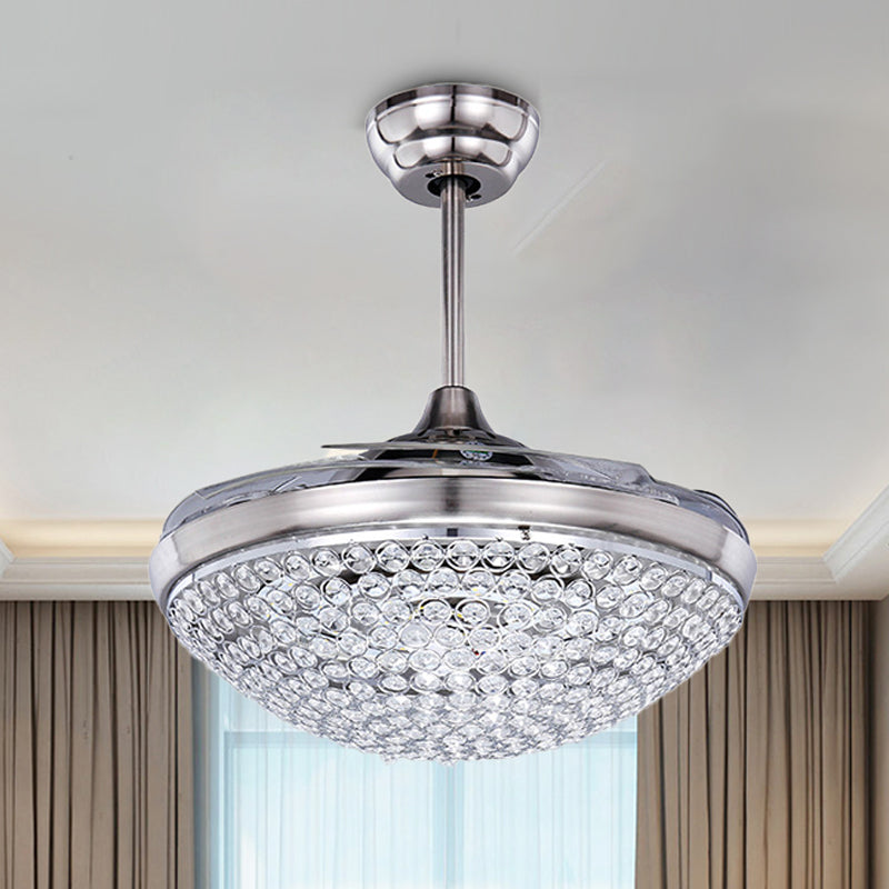 Zeitgenössische Deckenlüfter Leichtkristall -LED -Flush -Montierung in Nickel mit Fernbedienung/Frequenzumwandlung