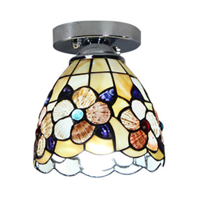 Tiffany Style Domed Ceiling Light Stained Glass 1 Bulb Flush Mount Ceiling Light with Flower Pattern in Black/Chrome Finish