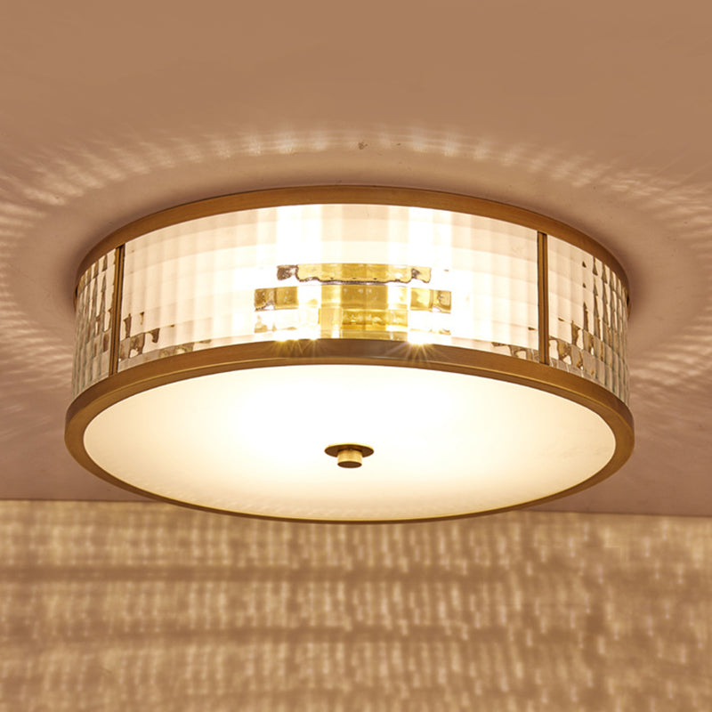 3/4/5 Bulbs Drum Ceiling Mount Colonial Brass Frosted Crystal Glass Flush Light Fixture for Bedroom, 14"/18"/23.5" W