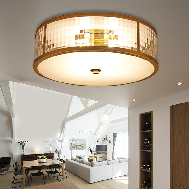 3/4/5 Bulbs Drum Ceiling Mount Colonial Brass Frosted Crystal Glass Flush Light Fixture for Bedroom, 14"/18"/23.5" W