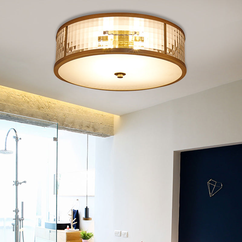 3/4/5 Bulbs Drum Ceiling Mount Colonial Brass Frosted Crystal Glass Flush Light Fixture for Bedroom, 14"/18"/23.5" W