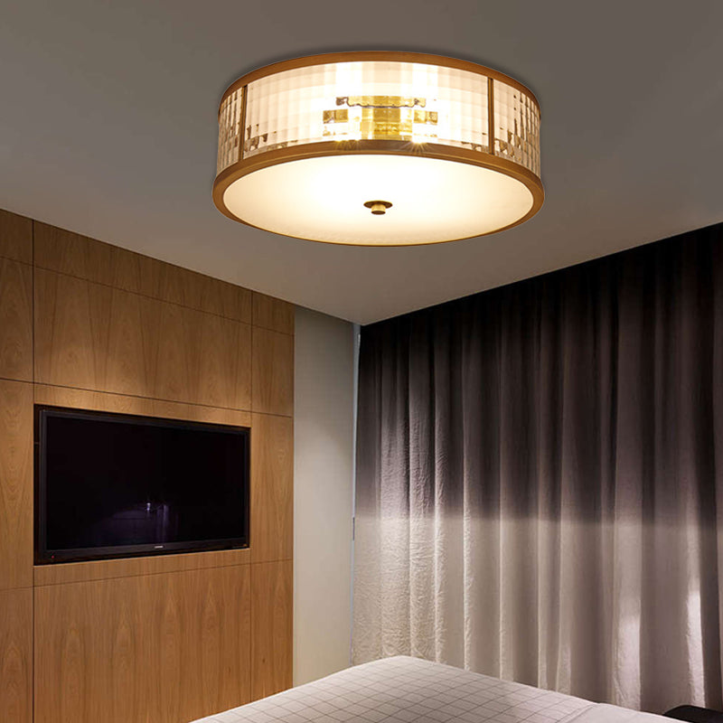 3/4/5 Bulbs Drum Ceiling Mount Colonial Brass Frosted Crystal Glass Flush Light Fixture for Bedroom, 14"/18"/23.5" W