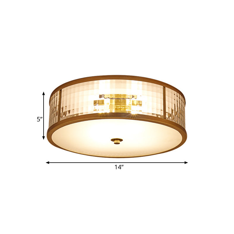 3/4/5 Bulbs Drum Ceiling Mount Colonial Brass Frosted Crystal Glass Flush Light Fixture for Bedroom, 14"/18"/23.5" W