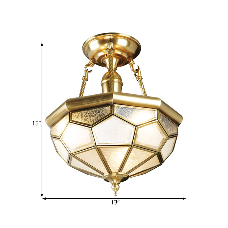 Brass 3/4 Heads Semi Flush Mount Colonialism Sandblasted Glass Dome Ceiling Fixture for Dining Room, 13"/16" W
