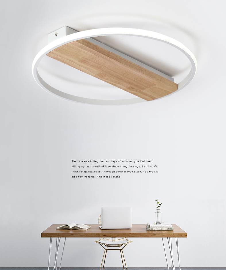 Modern LED Ceiling Light Fixture White Circular Ceiling Mounted Light with Wooden Shade
