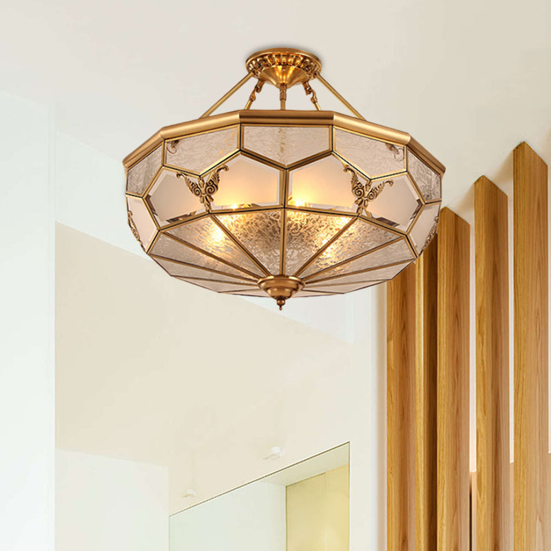 3/4-Light Frosted Glass Semi Flush Light Colonialist Brass Beveled Living Room Close to Ceiling Chandelier, 14"/18" W