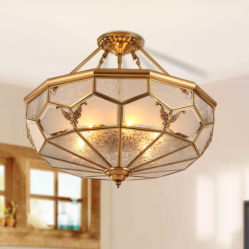 3/4-Light Frosted Glass Semi Flush Light Colonialist Brass Beveled Living Room Close to Ceiling Chandelier, 14"/18" W