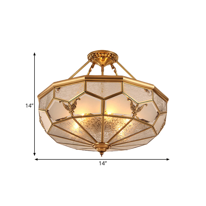 3/4-Light Frosted Glass Semi Flush Light Colonialist Brass Beveled Living Room Close to Ceiling Chandelier, 14"/18" W