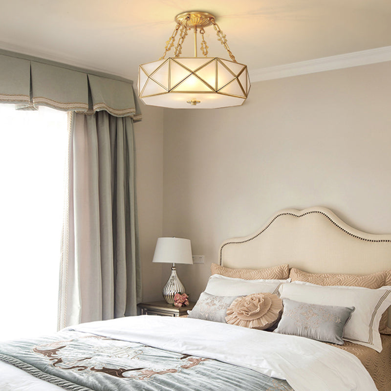 Colonial Drum Ceiling Mount Chandelier 4 Bulbs Frosted White Opal Glass Semi Flush Light Fixture in Brass for Bedroom