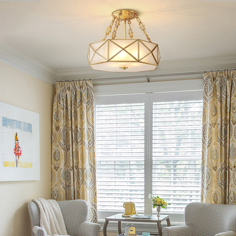 Colonial Drum Ceiling Mount Chandelier 4 Bulbs Frosted White Opal Glass Semi Flush Light Fixture in Brass for Bedroom