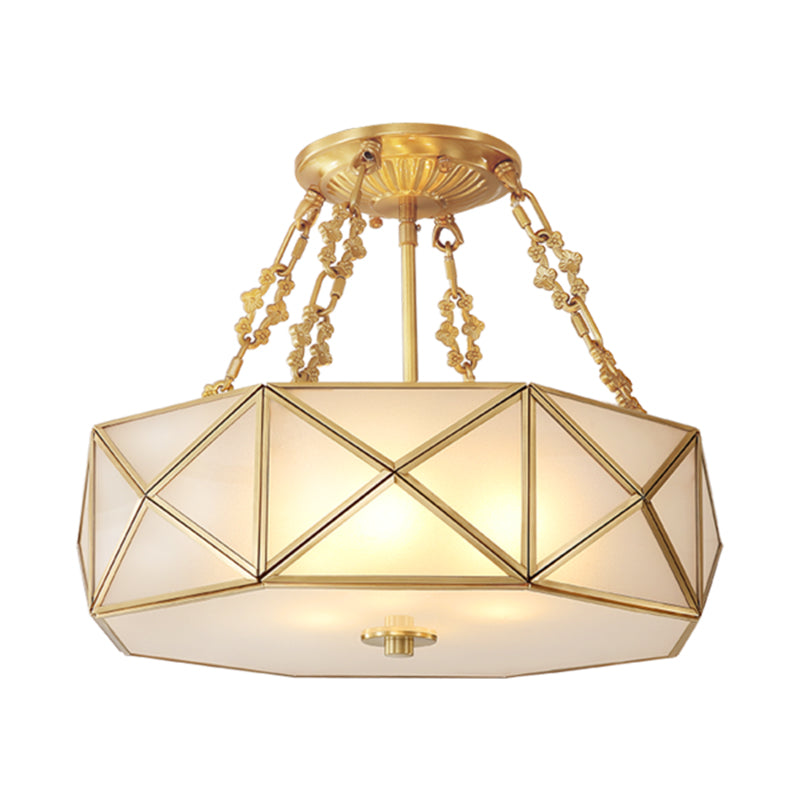 Colonial Drum Ceiling Mount Chandelier 4 Bulbs Frosted White Opal Glass Semi Flush Light Fixture in Brass for Bedroom