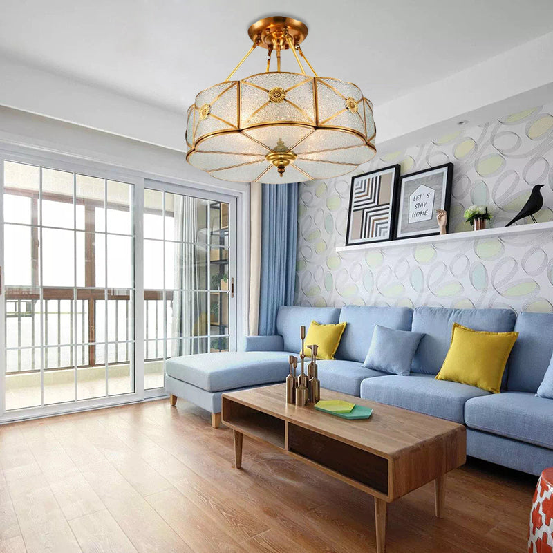 3/4/6 Bulbs Scalloped Ceiling Flush Mount Colonial Brass Seedy Glass Semi Mount Lighting for Bedroom, 14"/18"/23.5" W