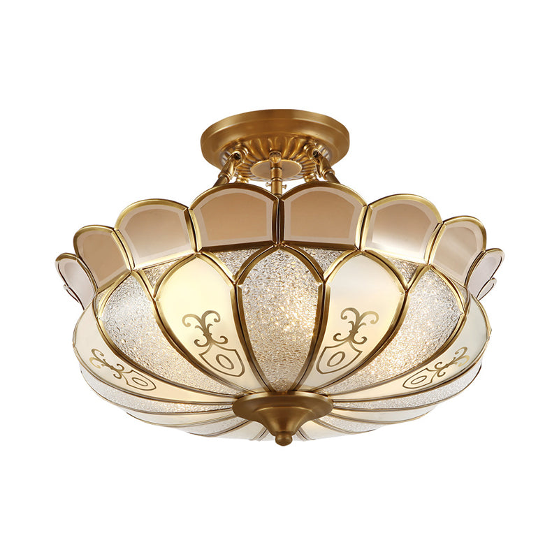 Scalloped Dining Room Semi-Flush Mount Colonial Opaque Glass 4 Bulbs Brass Ceiling Light Fixture