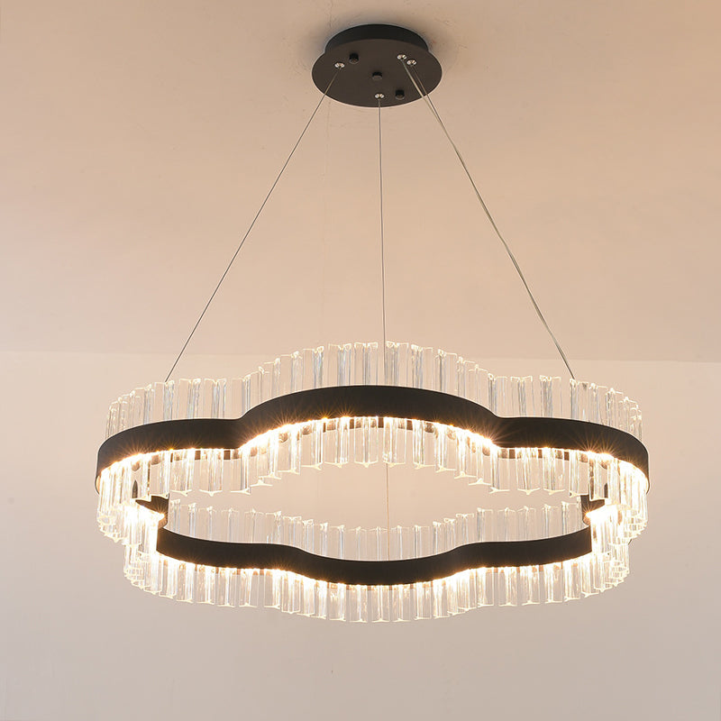 1/2 Tiers Flower Living Room Ceiling Chandelier Crystal 23.5"/31.5" Wide Led Minimalist Hanging Light Kit in Black/Gold