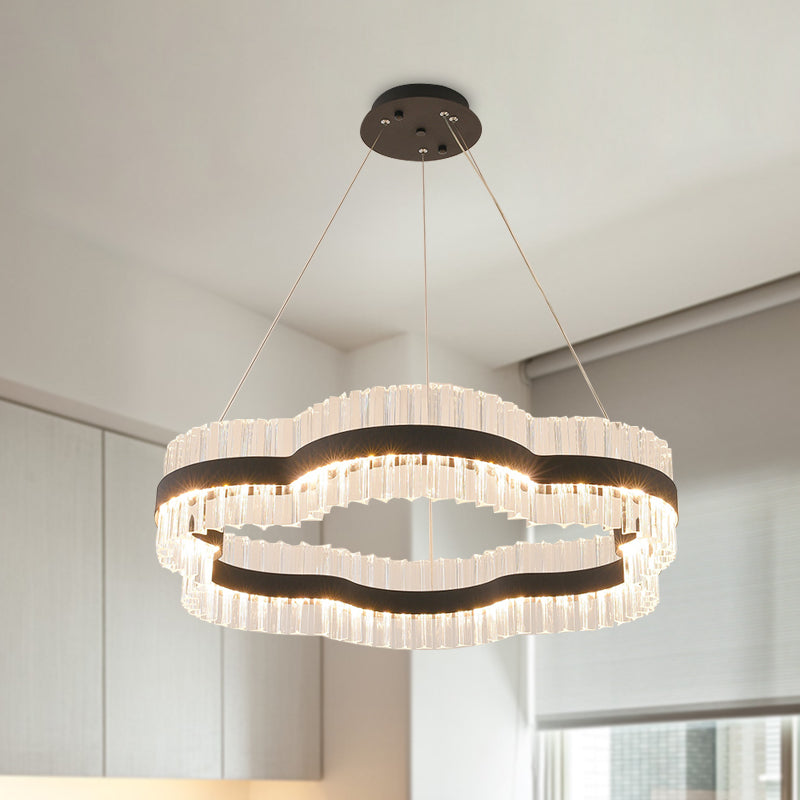 1/2 Tiers Flower Living Room Ceiling Chandelier Crystal 23.5"/31.5" Wide Led Minimalist Hanging Light Kit in Black/Gold