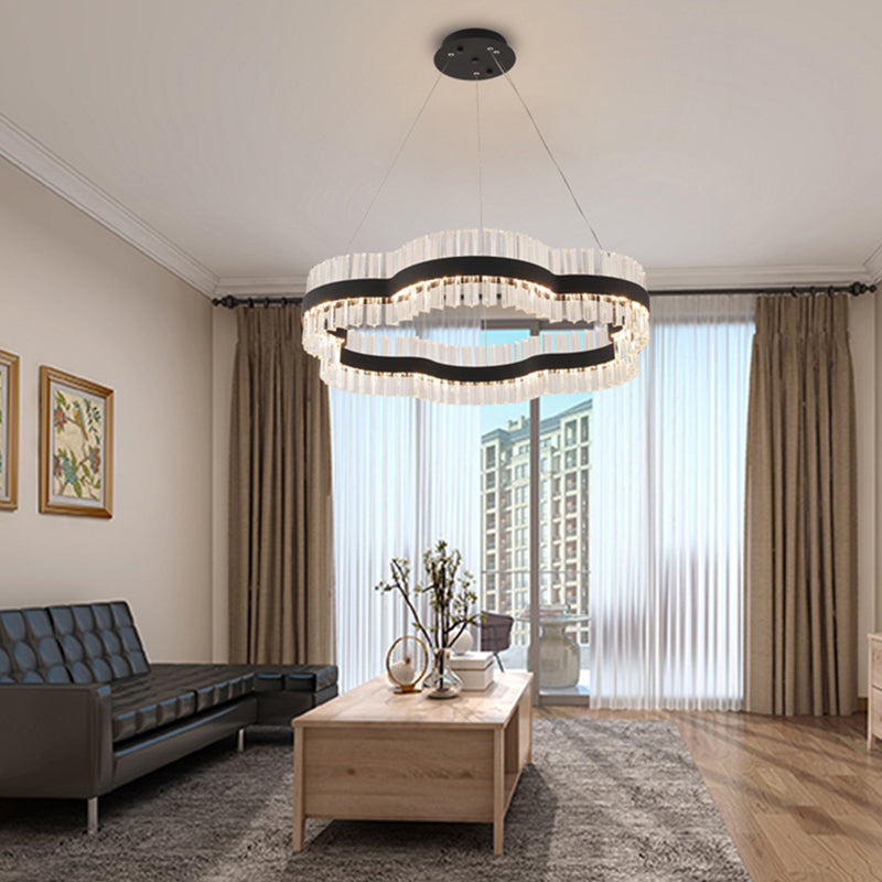 1/2 Tiers Flower Living Room Ceiling Chandelier Crystal 23.5"/31.5" Wide Led Minimalist Hanging Light Kit in Black/Gold