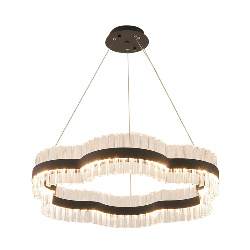 1/2 Tiers Flower Living Room Ceiling Chandelier Crystal 23.5"/31.5" Wide Led Minimalist Hanging Light Kit in Black/Gold