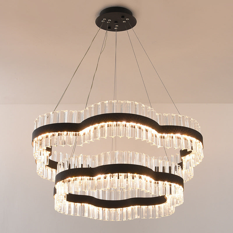1/2 Tiers Flower Living Room Ceiling Chandelier Crystal 23.5"/31.5" Wide Led Minimalist Hanging Light Kit in Black/Gold
