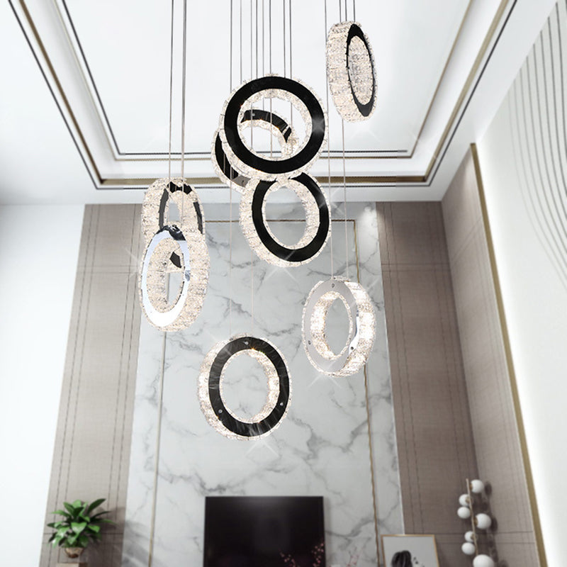 Ring Crystal Cluster Pendant Minimalist LED Black Down Lighting for Living Room