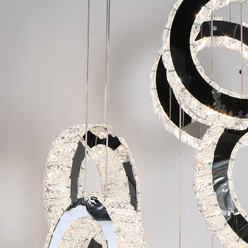 Ring Crystal Cluster Pendant Minimalist LED Black Down Lighting for Living Room