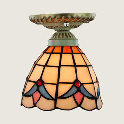 Plafonnier coloré de style Tiffany, vitrail, 1 ampoule, plafonnier encastré avec motif tournesol/queue de paon/lys