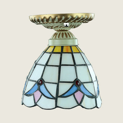Plafonnier coloré de style Tiffany, vitrail, 1 ampoule, plafonnier encastré avec motif tournesol/queue de paon/lys