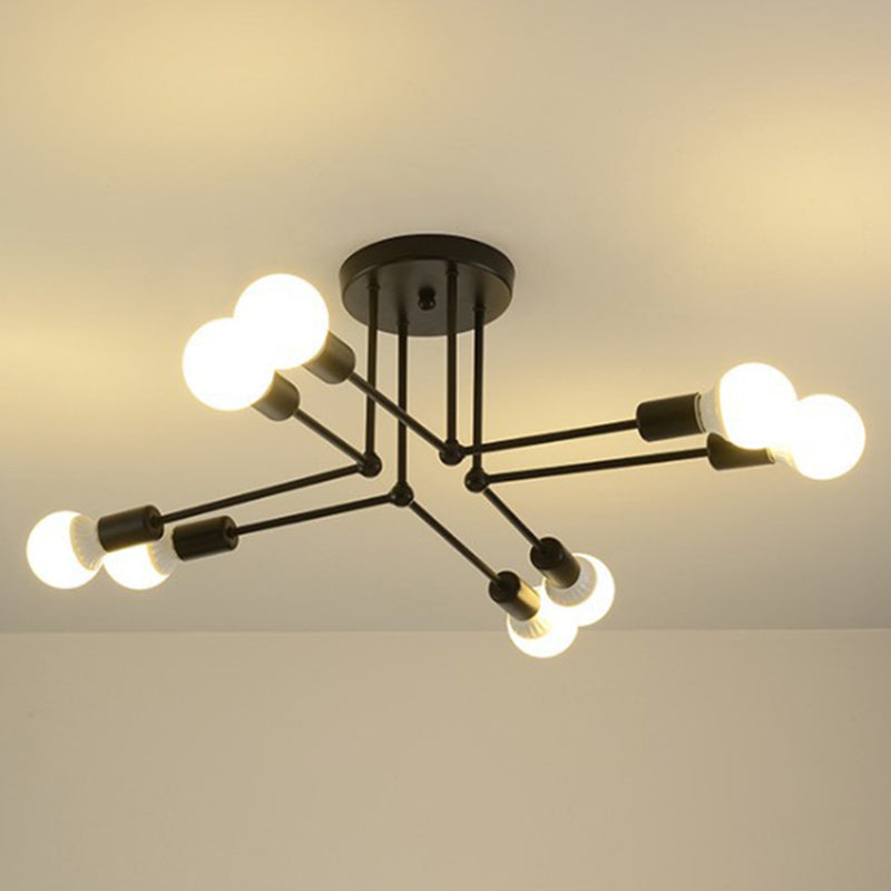 Multi-Lights Industrial Style Ceiling Light Open Bulb Iron Lamp Post Semi Flush-mount Lighting Fixture