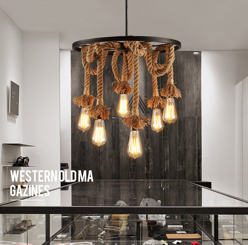 Multi-Lights Hemp Rope Design Retro Chandelier Light Black Wrought Iron Wheels Industrial Style Lighting Fixture in Restaurant Bar