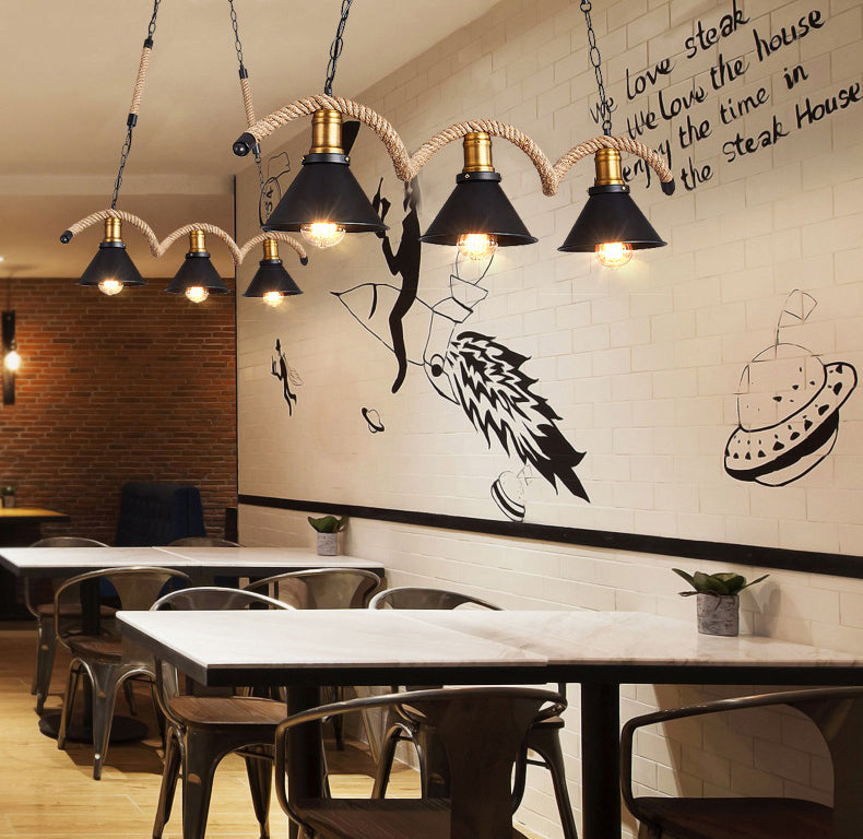 3-Light Retro Hemp Rope Island Light Black Cone Metal Shade Industrial Style Pendant for Restaurant Bar