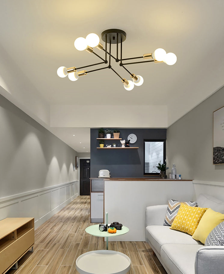 Multi-Lights Industrial Style Ceiling Light Open Bulb Iron Lamp Post Semi Flush-mount Lighting Fixture