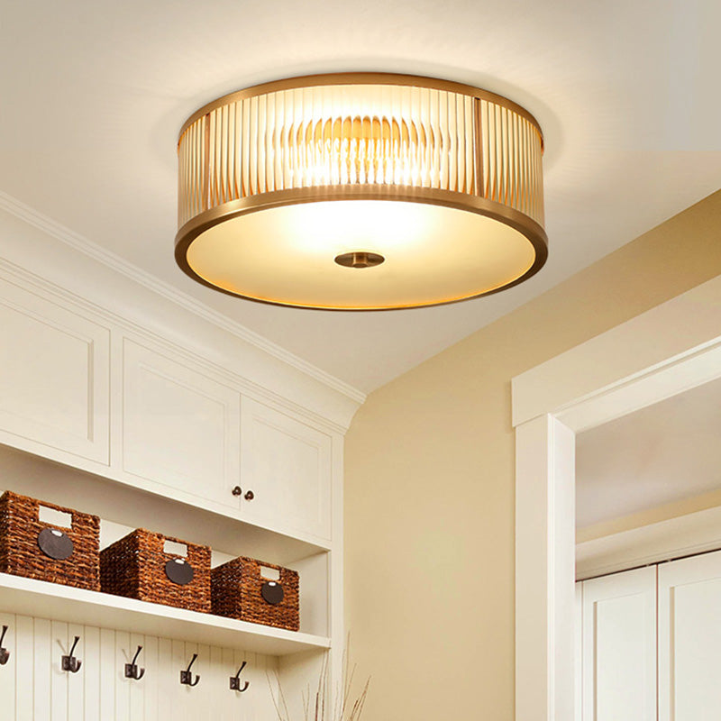 Lampada da soffitto circolare da incasso in vetro rigato Illuminazione coloniale da incasso in oro per camera da letto