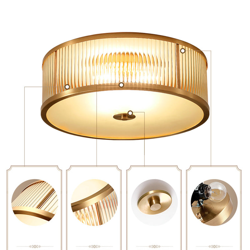 Lampada da soffitto circolare da incasso in vetro rigato Illuminazione coloniale da incasso in oro per camera da letto