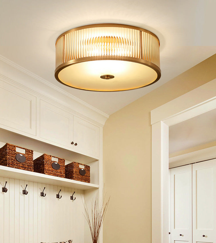 Lampada da soffitto circolare da incasso in vetro rigato Illuminazione coloniale da incasso in oro per camera da letto