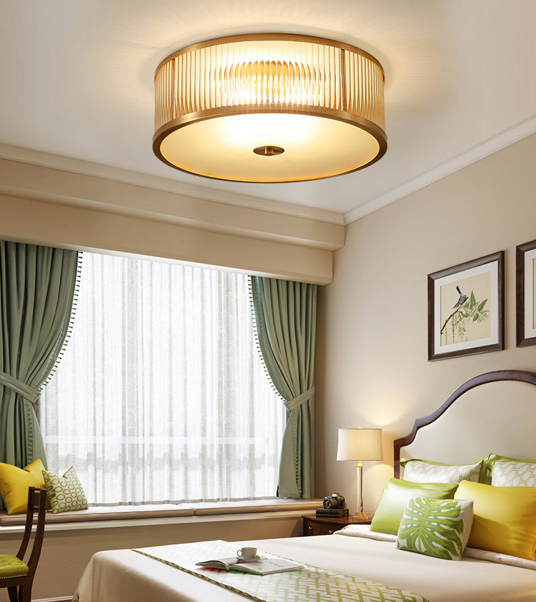 Lampada da soffitto circolare da incasso in vetro rigato Illuminazione coloniale da incasso in oro per camera da letto
