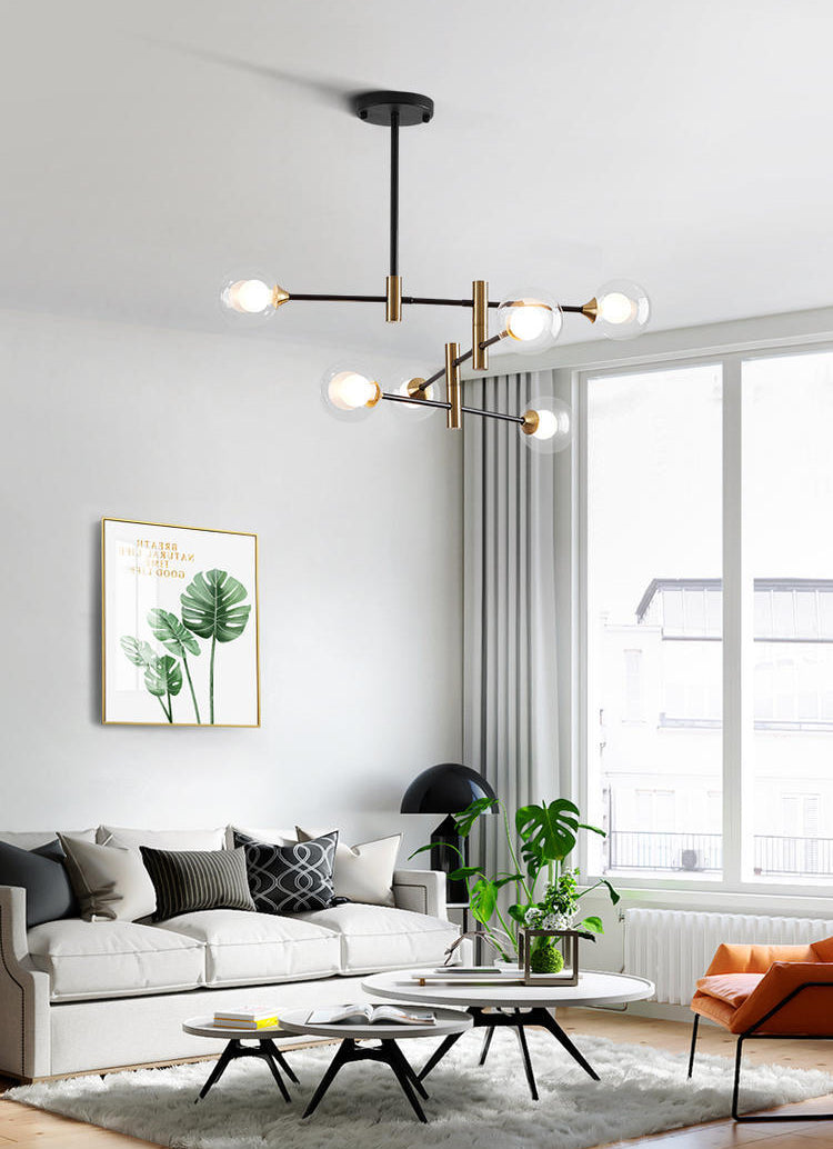 Modern Metal Hanging Chandelier Light Glass Shade Ceiling Chandelier in Black for Living Room