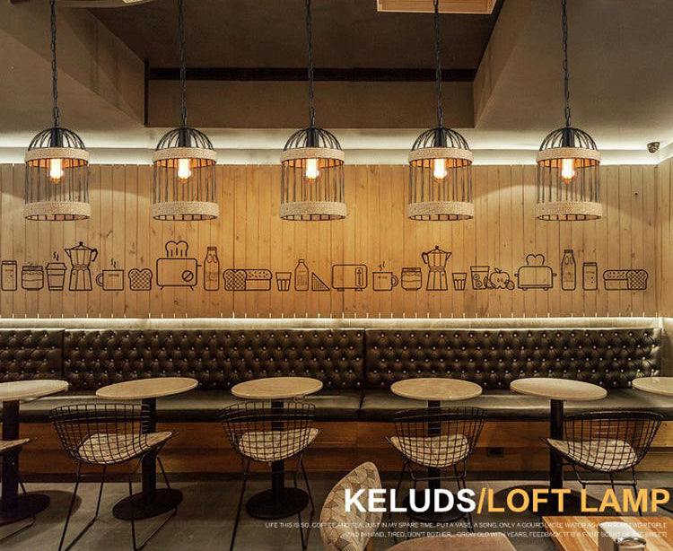 Rope Beige Pendant Light Kit Bird Cage Vintage Style Hanging Light Fixture for Restaurant