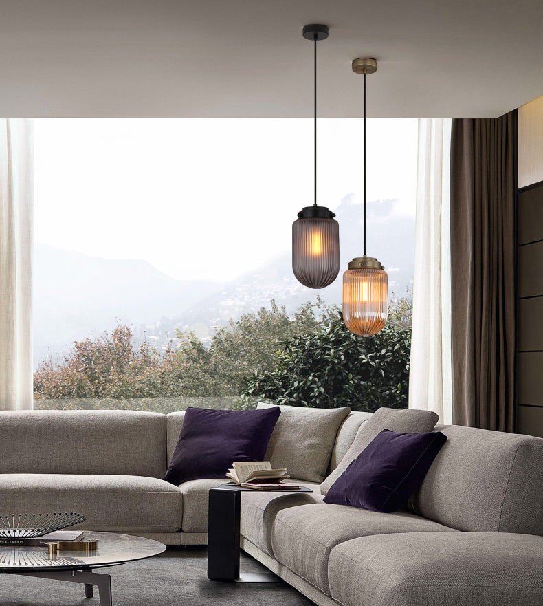 Rippenglas ovaler Anhängerlampe postmoderne 1-Licht-Deckenleuchte für Esszimmer