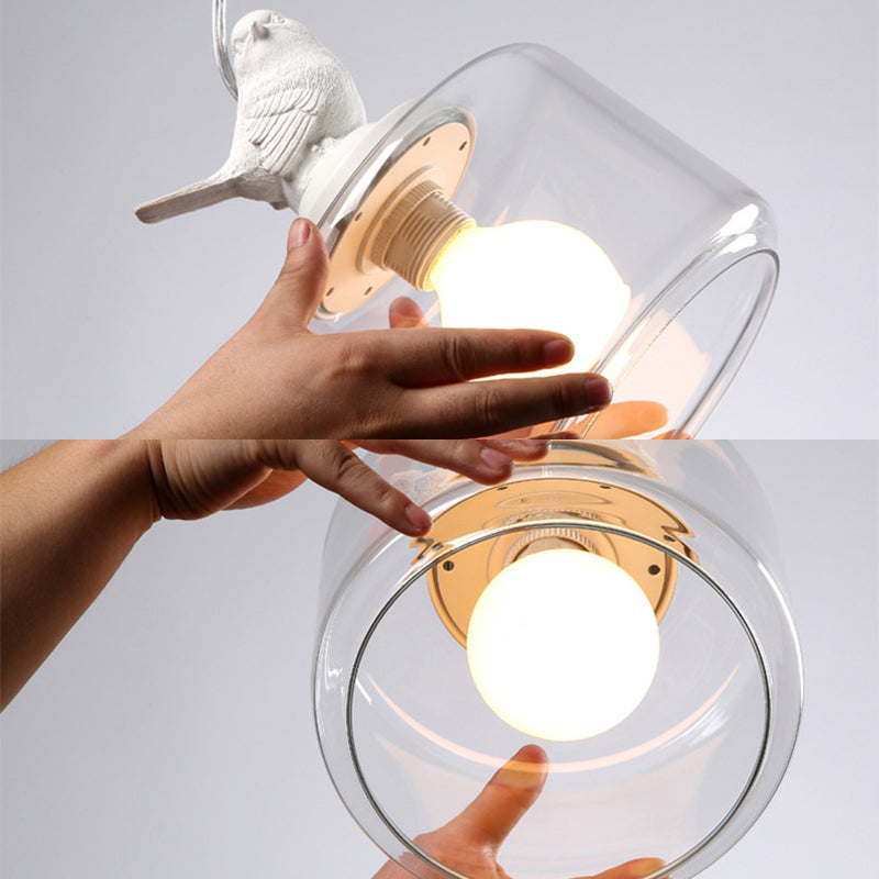 Drum Pendant Lighting Modern Clear Glass 1-Light White Hanging Light with Resin Bird Decor