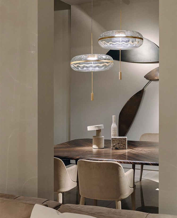 Rippled Glass Pumpkin Shaped Pendant Minimalist Brass LED Ceiling Light for Dining Room
