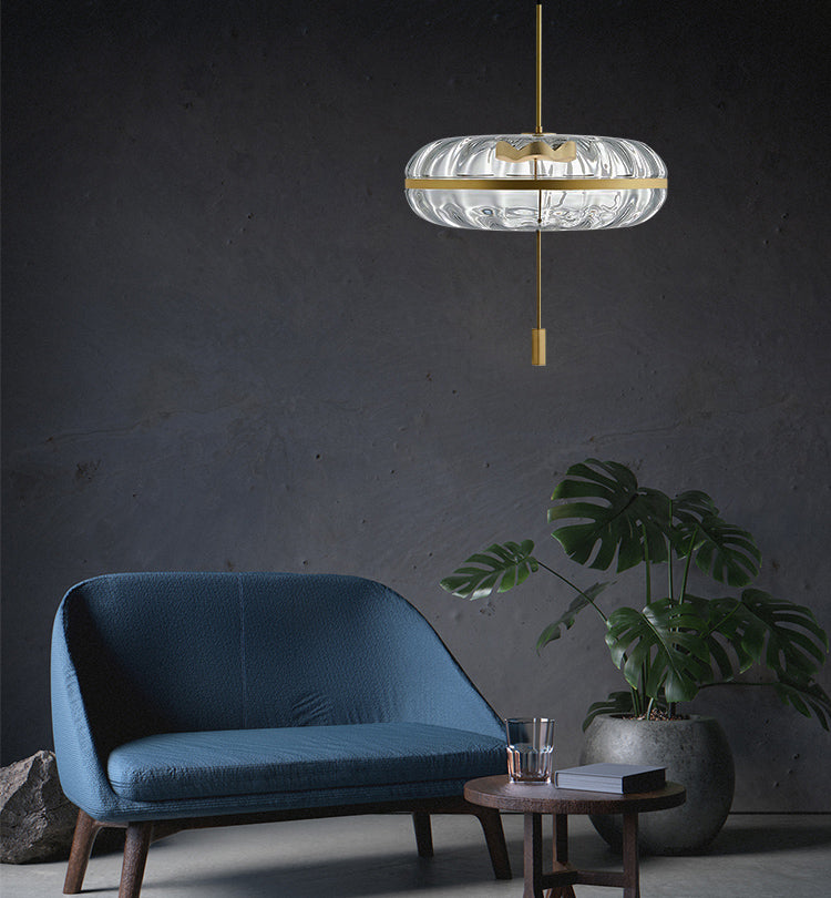 Rippled Glass Pumpkin Shaped Pendant Minimalist Brass LED Ceiling Light for Dining Room