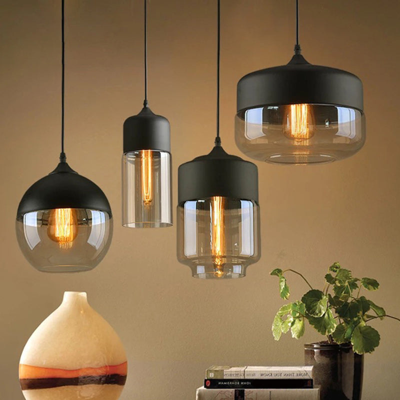 Lampada ombreggiata in vetro appeso a sospensione industriale Riduccante a sospensione Black in nero