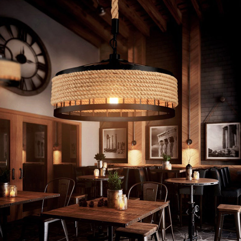 Industrial-Style Drum Pendant Lighting Fixture Rope Hanging Pendant Light in Beige