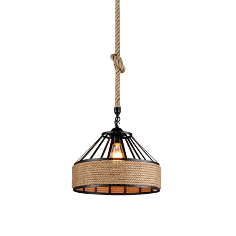 Industrial-Style Drum Pendant Lighting Fixture Rope Hanging Pendant Light in Beige