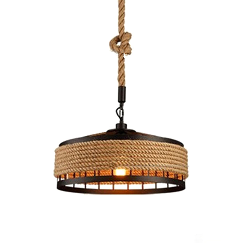 Industrial-Style Drum Pendant Lighting Fixture Rope Hanging Pendant Light in Beige