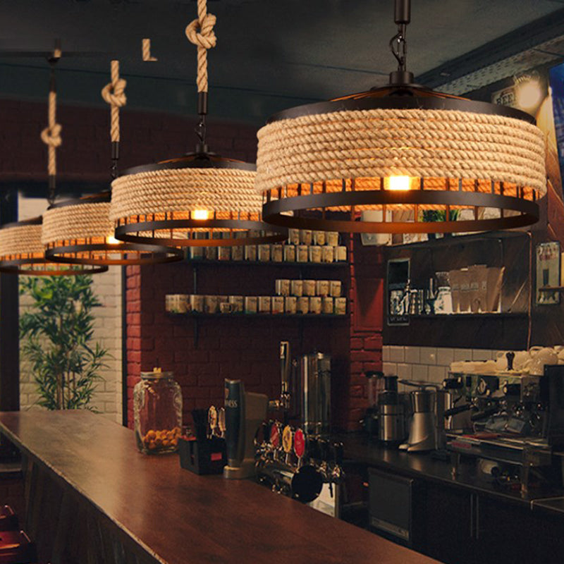 Industrial-Style Drum Pendant Lighting Fixture Rope Hanging Pendant Light in Beige