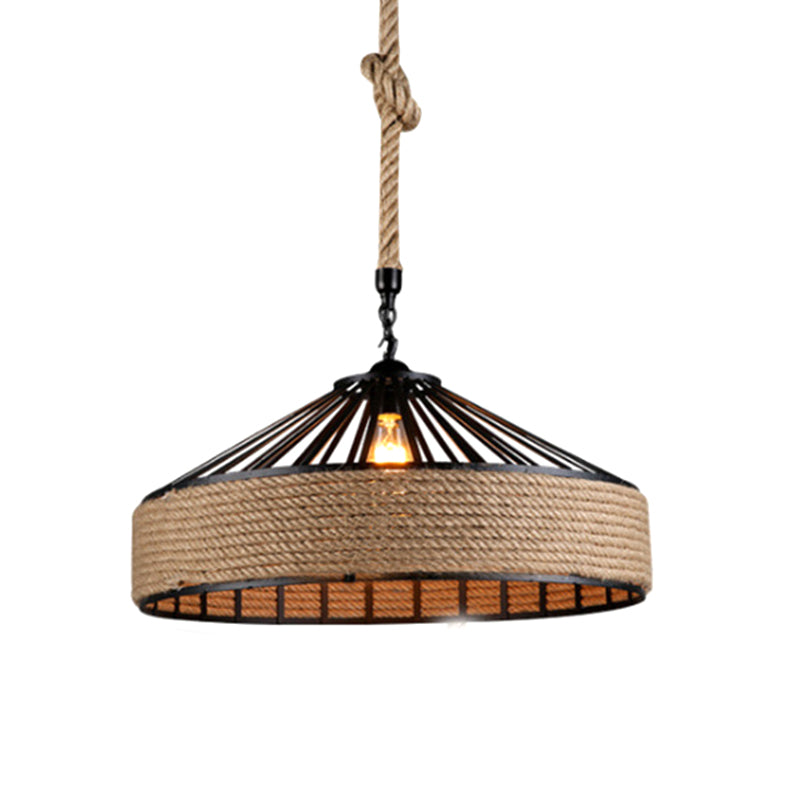 Industrial-Style Drum Pendant Lighting Fixture Rope Hanging Pendant Light in Beige