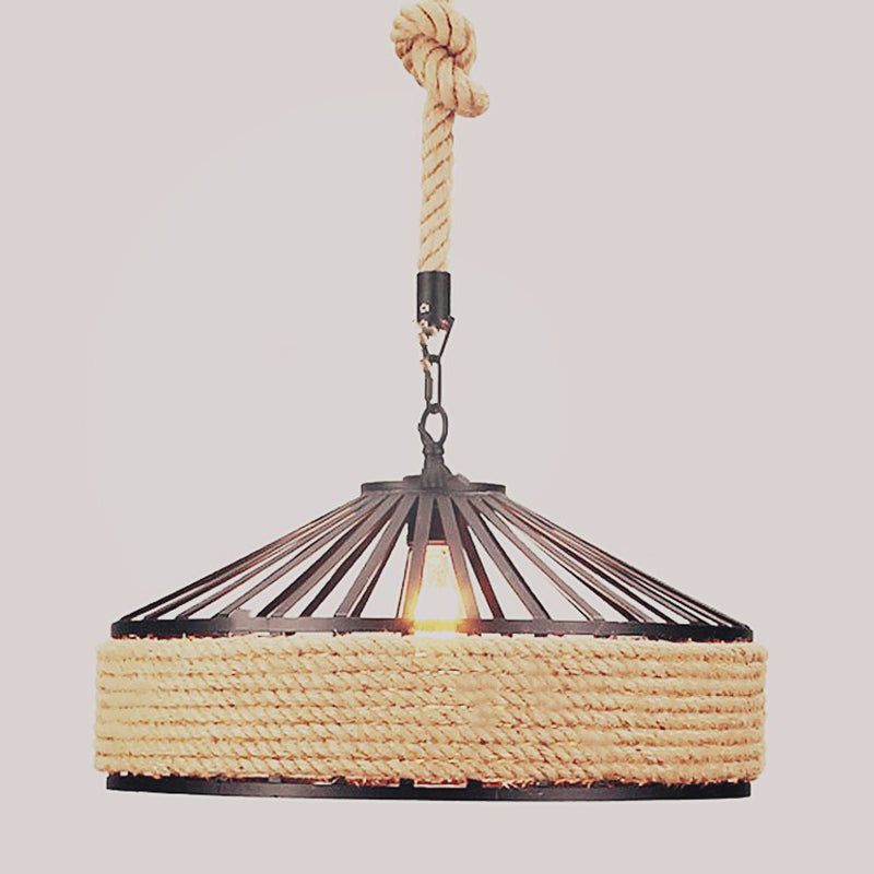 Industrial-Style Drum Pendant Lighting Fixture Rope Hanging Pendant Light in Beige