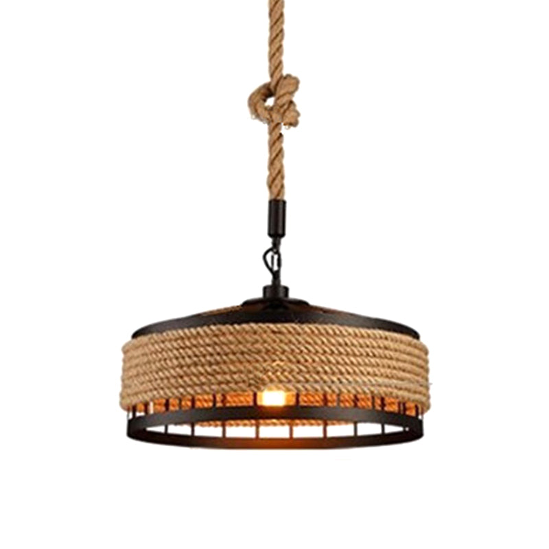 Industrial-Style Drum Pendant Lighting Fixture Rope Hanging Pendant Light in Beige